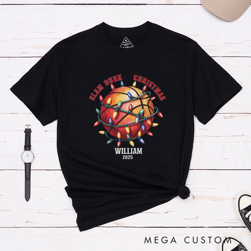 Personalized Christmas Basketball T-Shirt with Custom Name, Year, and Festive Holiday Lights Design