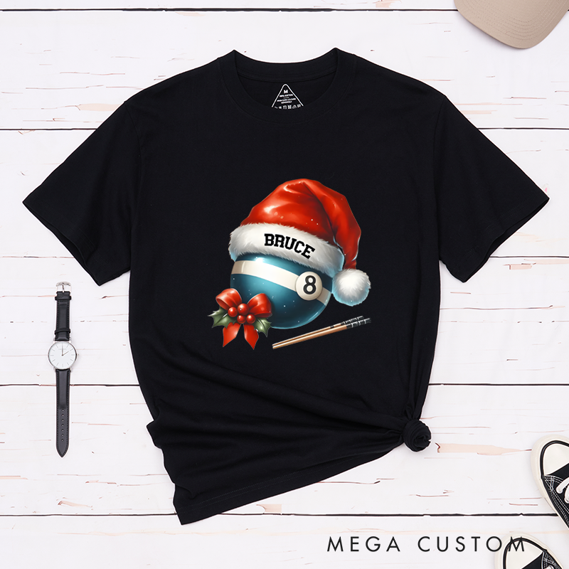 Personalized Christmas Billiards T-Shirt with Custom Name, Santa Hat, and Festive Design