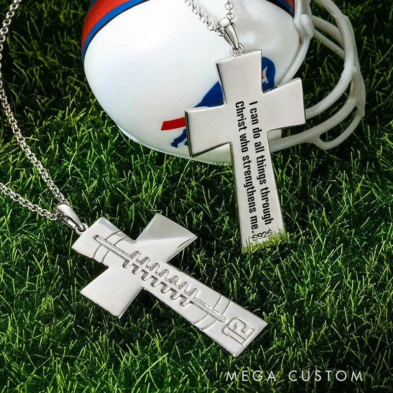 Personalized Engraving Football Cross Necklace with Number and Text Birthday Gift for Sports Lovers Christian Gift