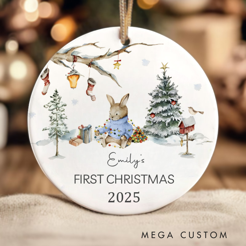 Personalized Woodland First Christmas Ornament Highlighting Charming Holiday Scene Christmas Ornament