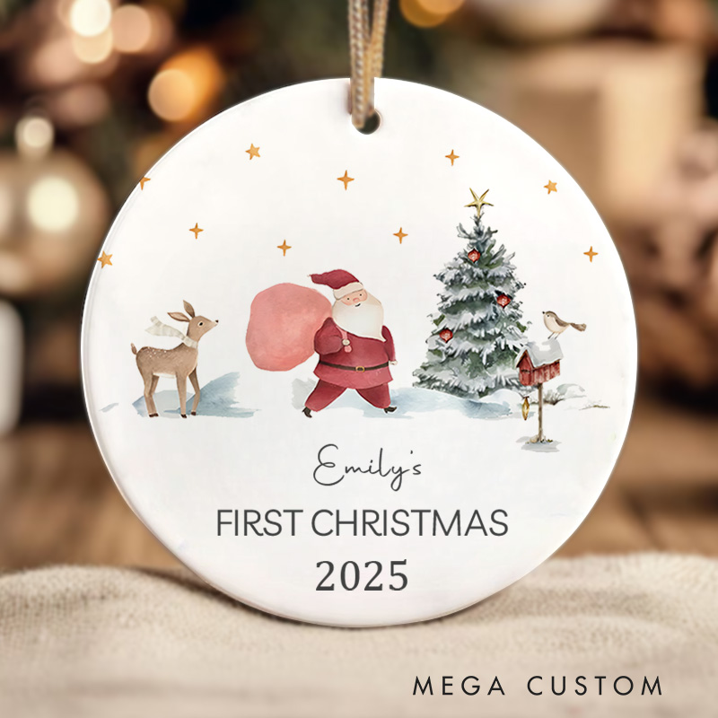 Personalized Baby's First Christmas Ornament Featuring Magical Holiday Scene Christmas Ornament