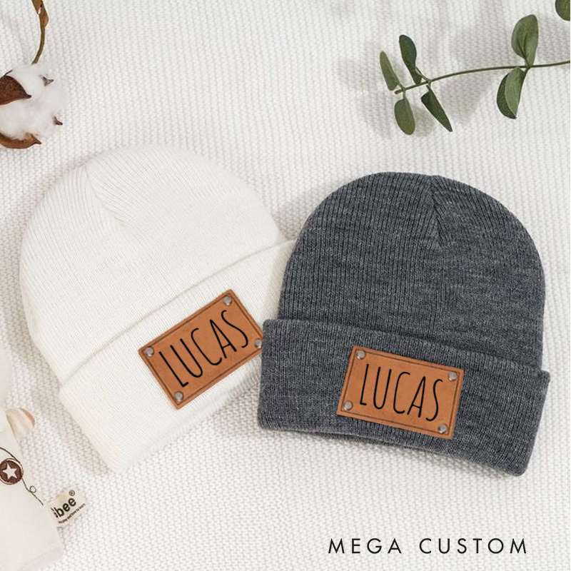 Personalized Beanie with Name Hat Engraved Leather Patch Beanie