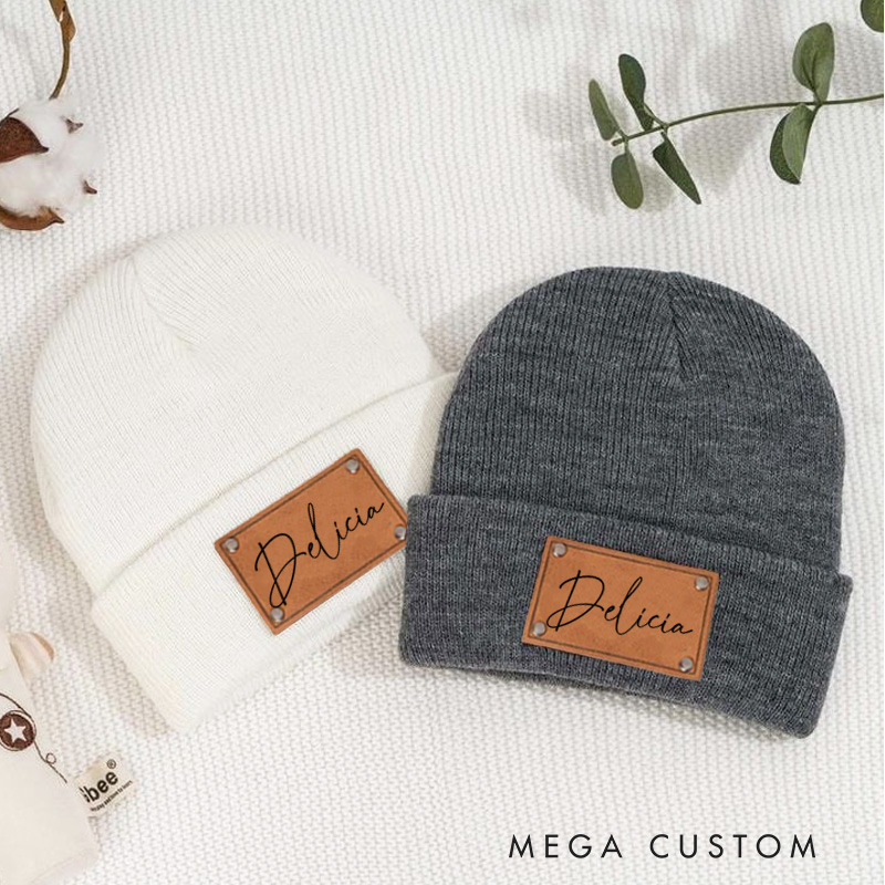Personalized Beanie with Name Hat Engraved Leather Patch Beanie Birthday Gift