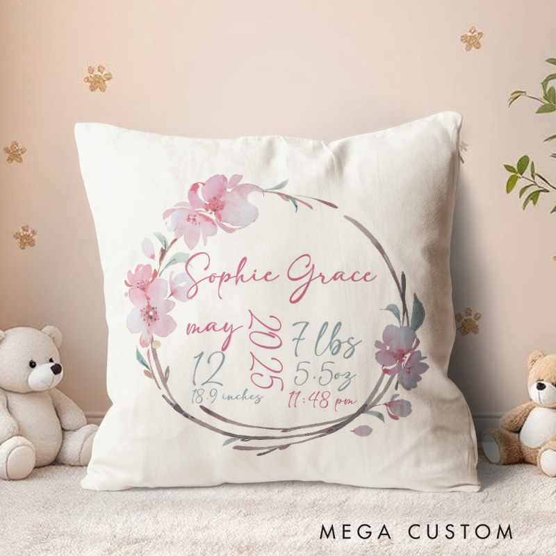 Personalized Floral Baby Girl Birth Stat Throw Pillow Baby Girl Nursery Decor