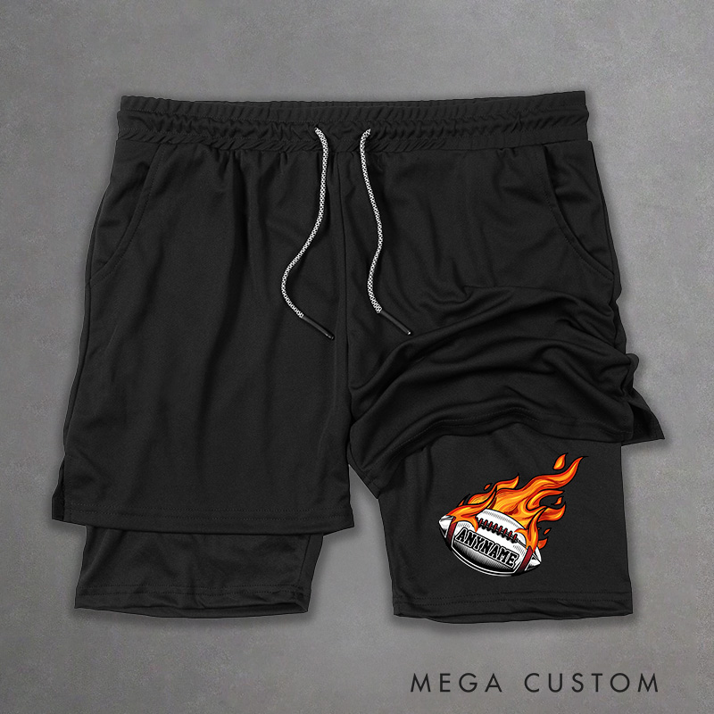 Personalized Flame Football 2in1 Hybrid Workout Shorts with Your Name for Men