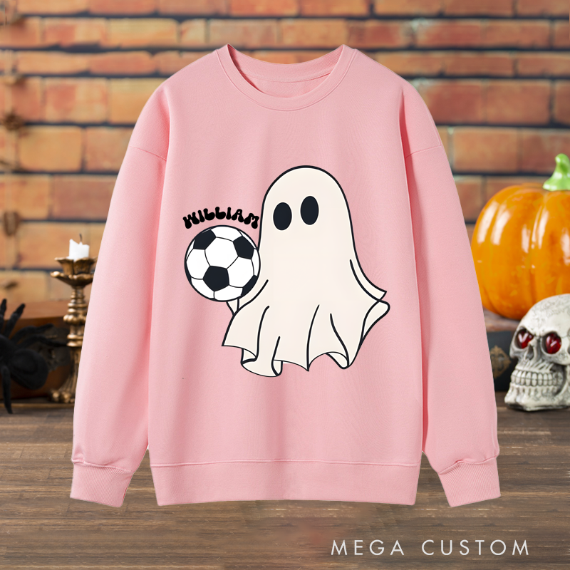 Personalized Halloween Soccer Sweatshirt with Cute Ghost, Soccer Ball, and Custom Name Design