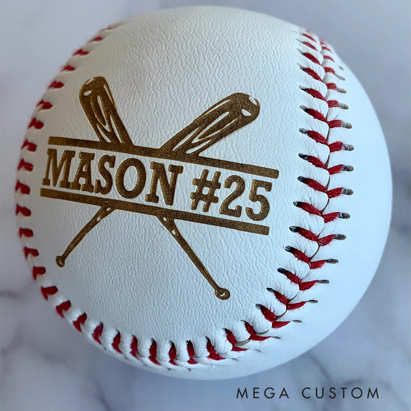 Personalized Baseball with Custom Name Number and Crossed Bats Design 