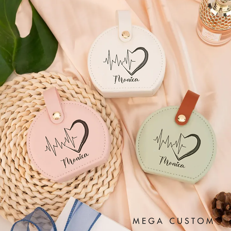 Personalized Leather Jewelry Box Engraved Heartbeat Design Nurse Jewelry Travel Case Custom Jewelry Organizer Gift