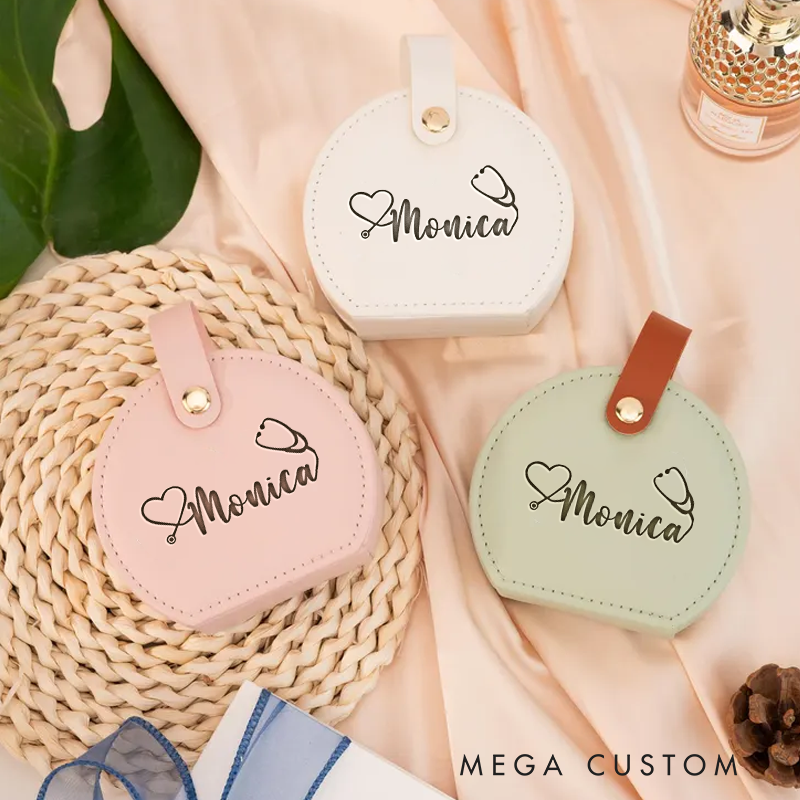 Personalized Leather Jewelry Box Engraved Heart Stethoscope Design Nurse Jewelry Travel Case Custom Jewelry Organizer Gift