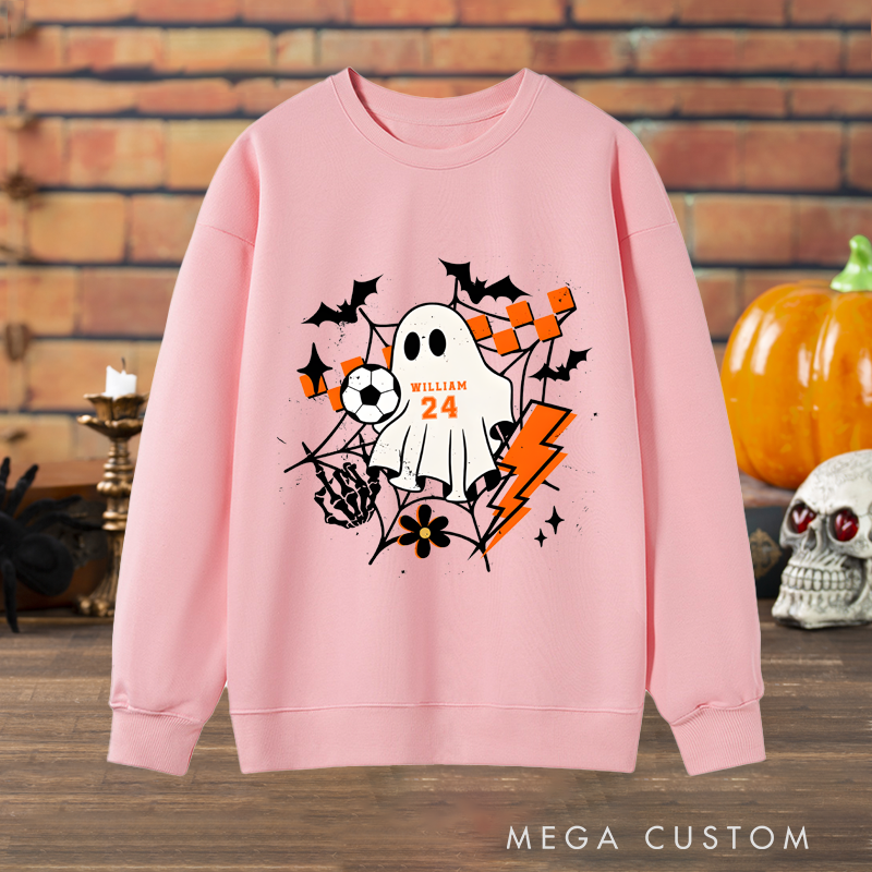 Personalized Halloween Sweatshirt with Ghost, Soccer Ball, Custom Name, and Number Design