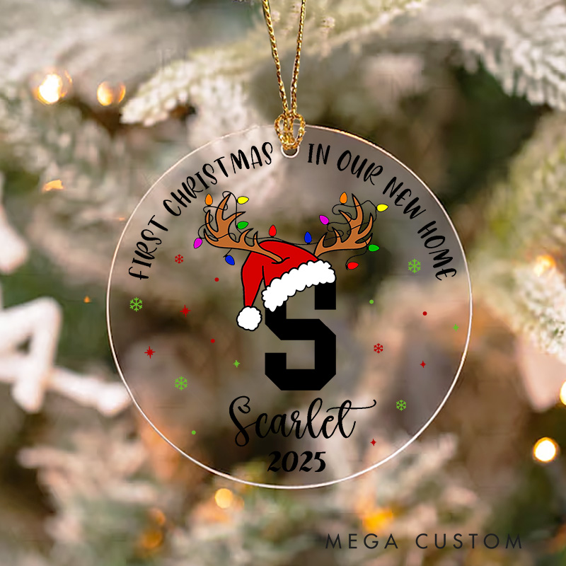 Personalized First Christmas in Our New Home Ornament 2025 Monogram and Reindeer Antlers Design Custom Name Keepsake Housewarming Holiday Decoration