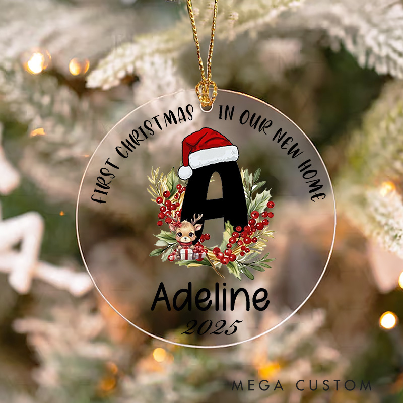 Personalized First Christmas in Our New Home Ornament 2025 Monogram with Santa Hat and Reindeer Design Custom Name Keepsake Christmas Gifts for Kids