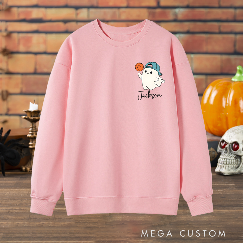 Personalized Halloween Sweatshirt with Cute Ghost, Basketball, and Custom Name Design