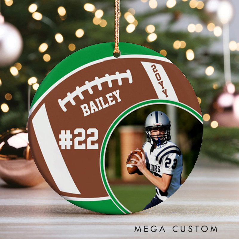 Personalized American Football Photo Design Christmas Ornament with Custom Number, Player Name and Year