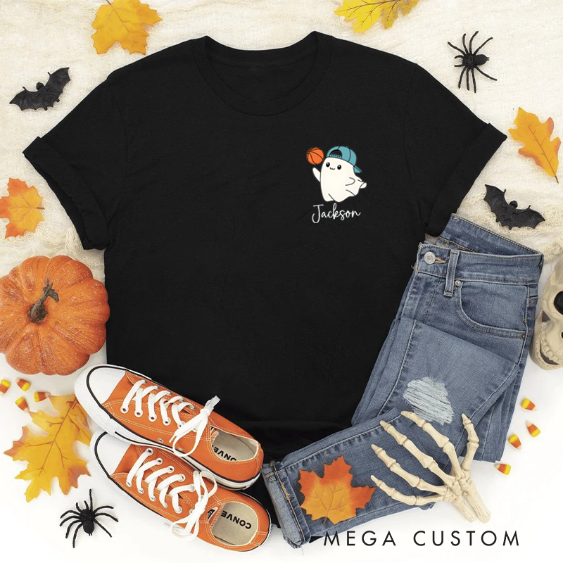Personalized Halloween T-Shirt with Cute Ghost, Basketball, and Custom Name Design