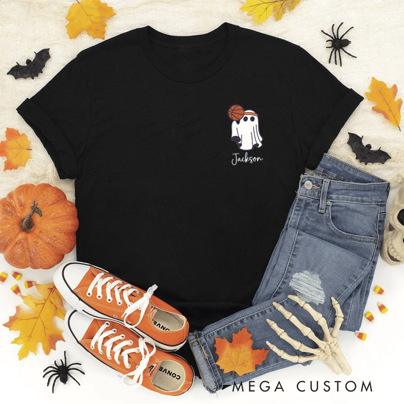 Personalized Halloween T-Shirt with Ghost, Basketball, and Custom Name Design