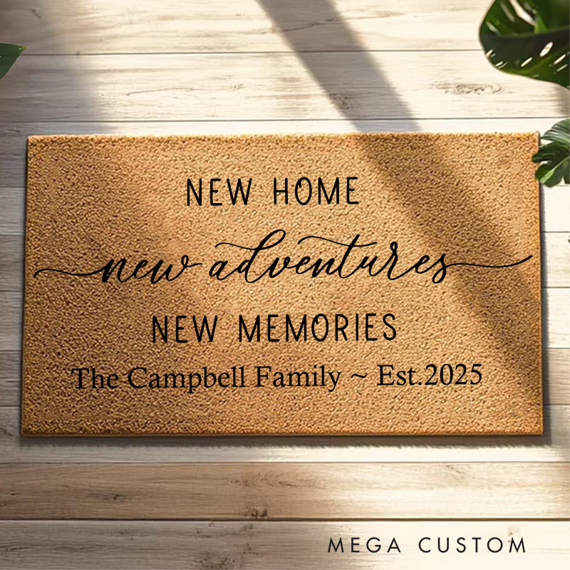 Personalized New Home Doormat New Adventures New Memories Design Custom Family Name Est 2025 Housewarming Gift Indoor Outdoor Home Decor Rug