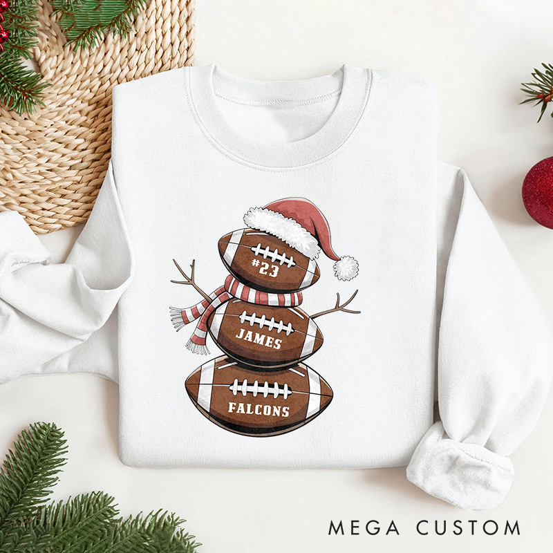 Personalized American Football Snowman Sweatshirt with Custom Name and Number for Cozy Up with Holiday Cheer