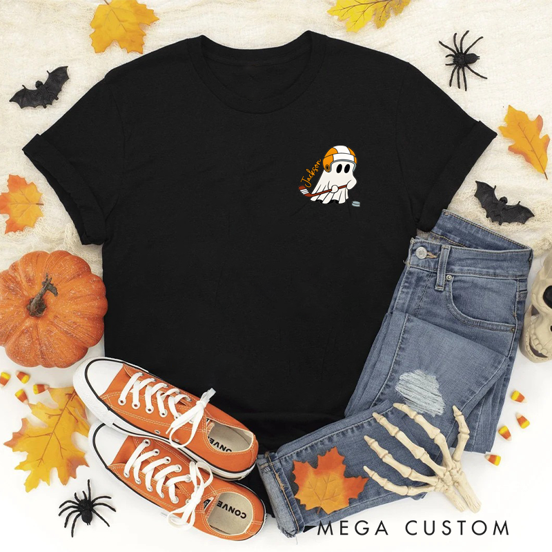 Personalized Halloween T-Shirt with Ghost, Fall Leaves, and Custom Name Design
