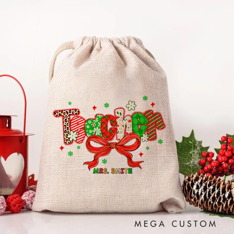 Personalised Christmas Santa Sack for Teachers Custom Teacher Bow Design Sack Christmas Gift