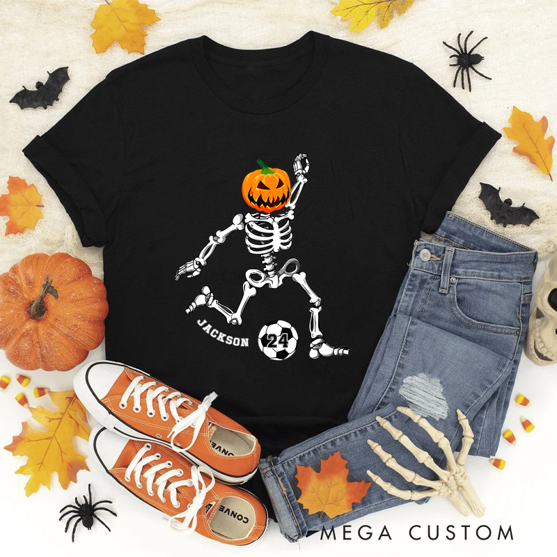 Personalized Halloween T-Shirt with Skeleton, Pumpkin Head, Soccer Ball, Custom Name, and Number Design
