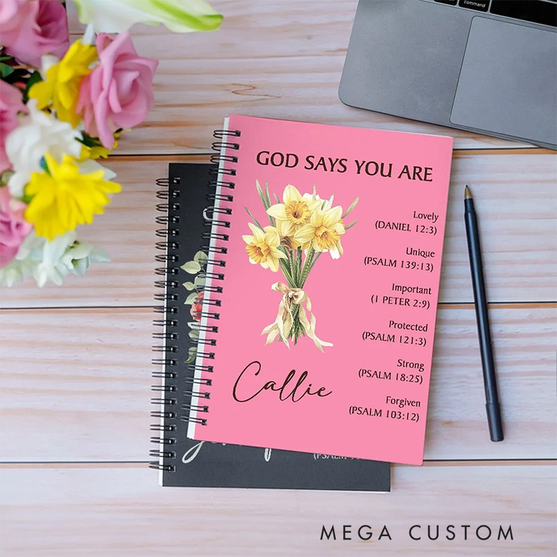 Personalized Birth Flower Bouquet Bible Verse A5 Spiral Notebook with Name Religious Baptism Gift Mother's Day Gift Birthday Gift for Christian Women