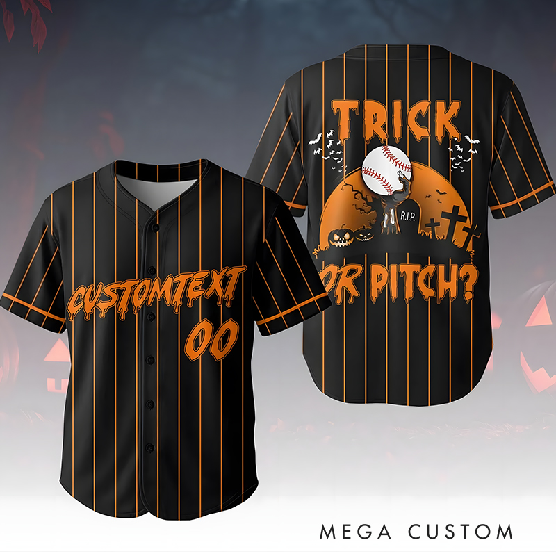 Personalized "Trick or Pitch" Themed Baseball Jersey for Halloween with Custom Name and Number