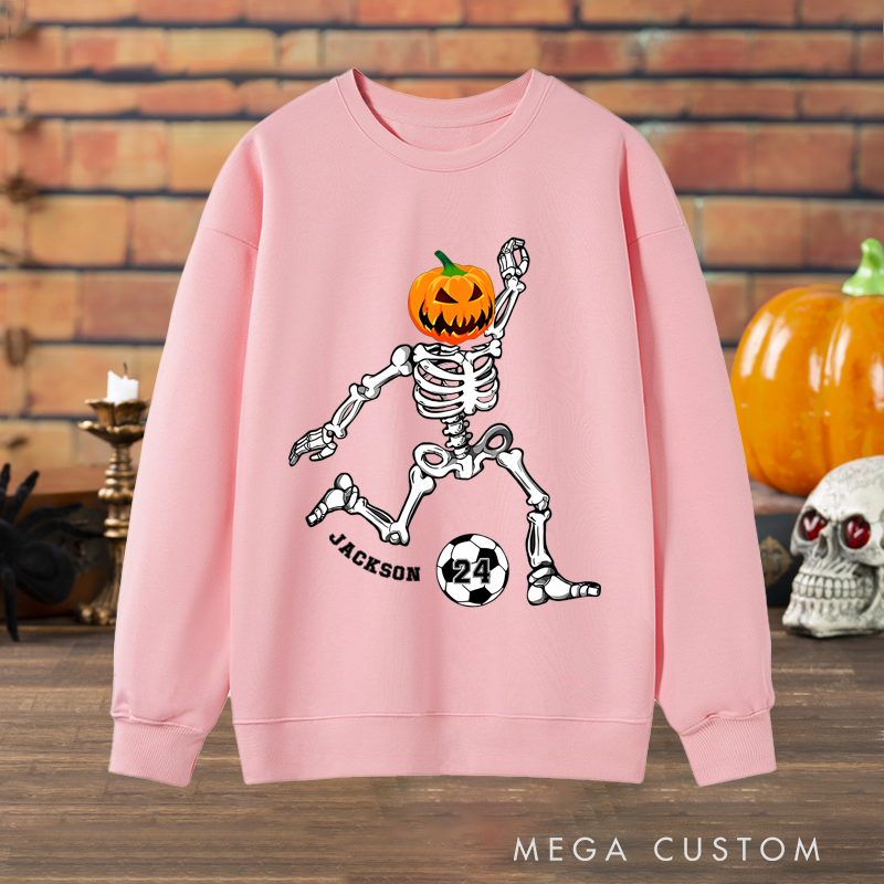 Personalized Halloween Sweatshirt with Skeleton, Pumpkin Head, Soccer Ball, Custom Name, and Number Design