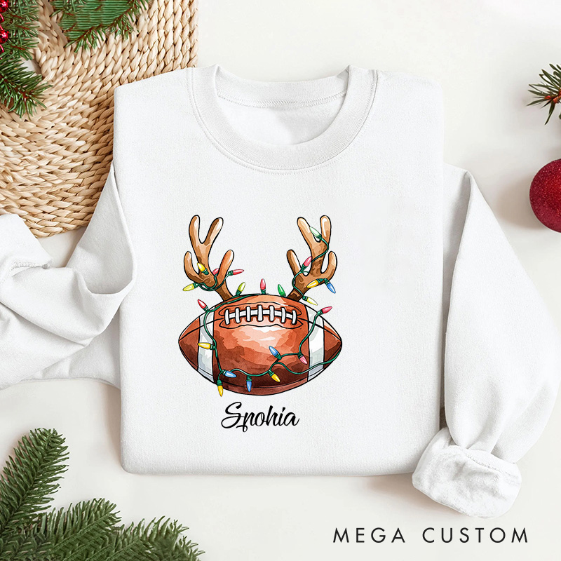 Personalized American Football Reindeer Christmas Sweatshirt with Custom Name for Holiday Cheer in Every Play