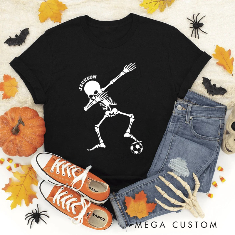 Personalized Halloween T-Shirt with Dabbing Skeleton, Soccer Ball, and Custom Name Design