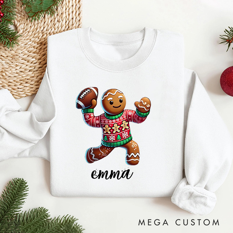 Personalized American Football Gingerbread Design Christmas Sweatshirt with Custom Name