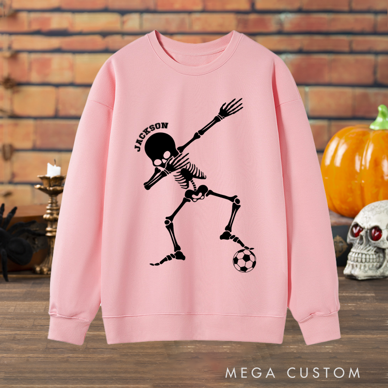 Personalized Halloween Sweatshirt with Dabbing Skeleton, Soccer Ball, and Custom Name Design