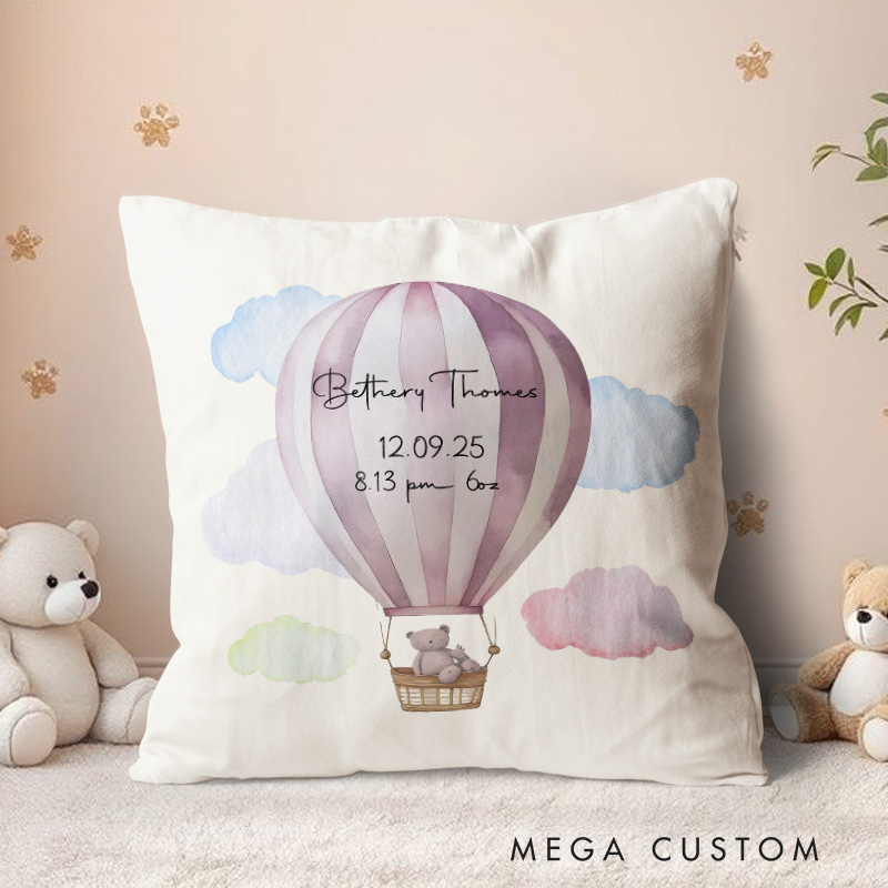Personalized Balloon Baby Throw Pillow Announcement Gift for New Girls Nursery Decor Ideas