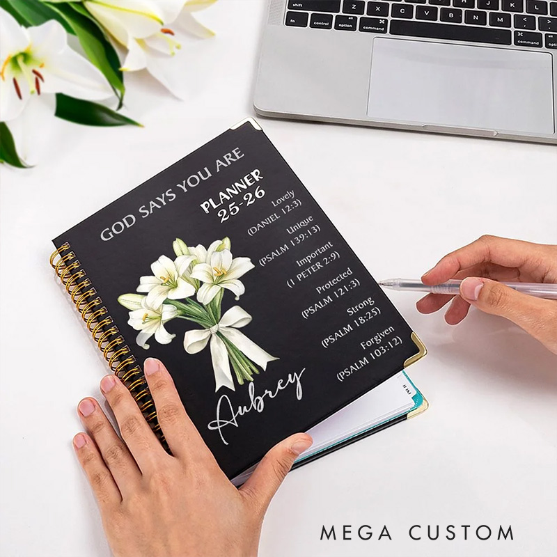 Personalized Flower Bouquet Bible Verse Planner 25-26 Spiral A5 Notebook with Name Birthday Gift Religious Gift for Christian