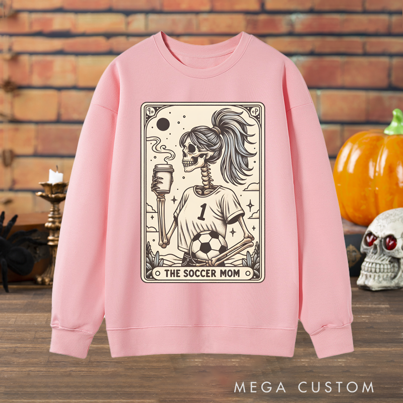 Personalized "The Soccer Mom" Halloween Sweatshirt with Skeleton Tarot Card Design and Custom Number