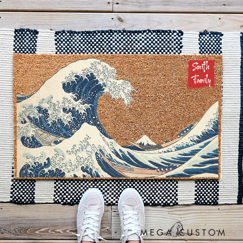 Personalized The Great Wave Artistic Doormat Ukiyo-e Family Door Mat Welcome Mat for Japanese Art Lovers Housewarming Gifts