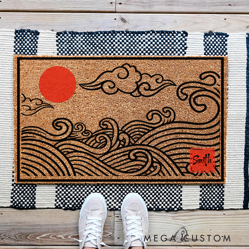Personalized Japanese Wave Artistic Doormat Ukiyo-e Family Door Mat Welcome Mat for Japanese Art Lovers Housewarming Gifts
