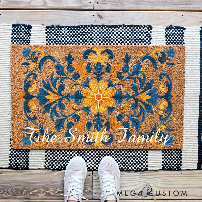 Personalized Boho Floral Doormat Botanical Floral Family Door Mat Welcome Mat for Art Lovers Housewarming Gifts Persian Inspired