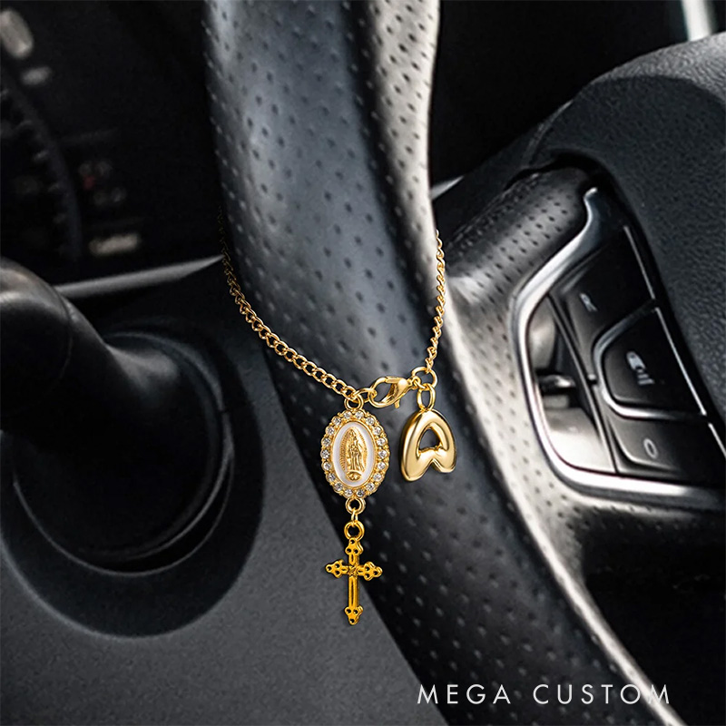 Personalized Zircon Virgin Mary and Cross Steering Wheel Rosary Charm with Bubble Initial Car Decor Prayer Safety Birthday Gift for Drivers Christians