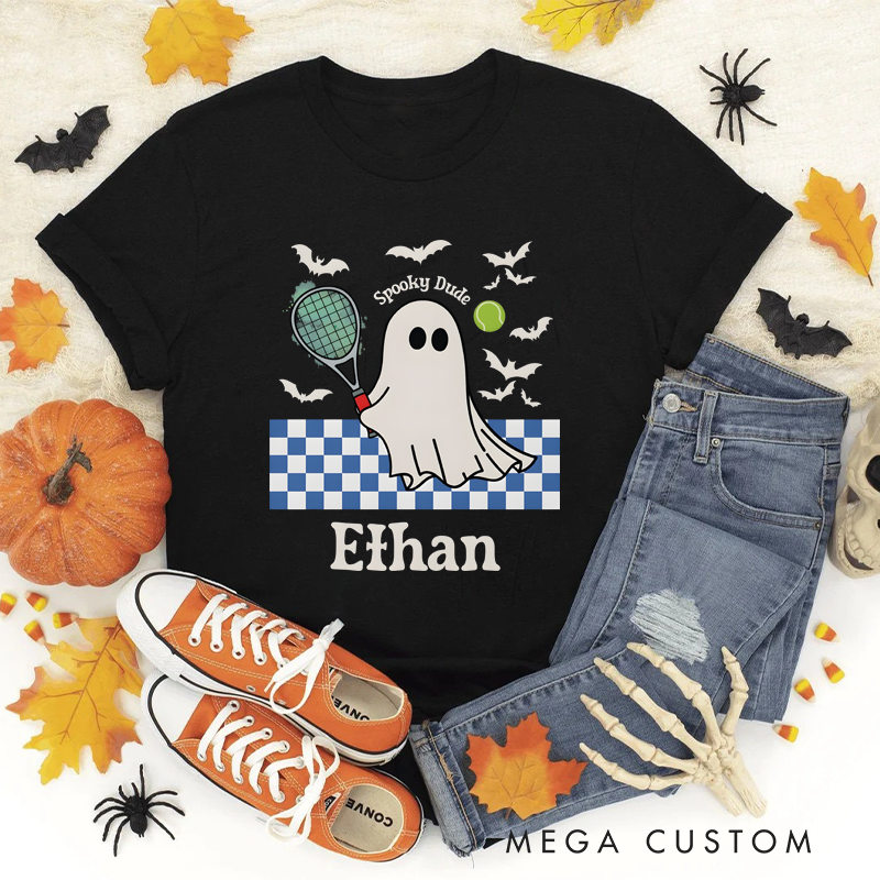 Personalized "Spooky Dude" Halloween T-Shirt with Ghost Tennis Design and Custom Name