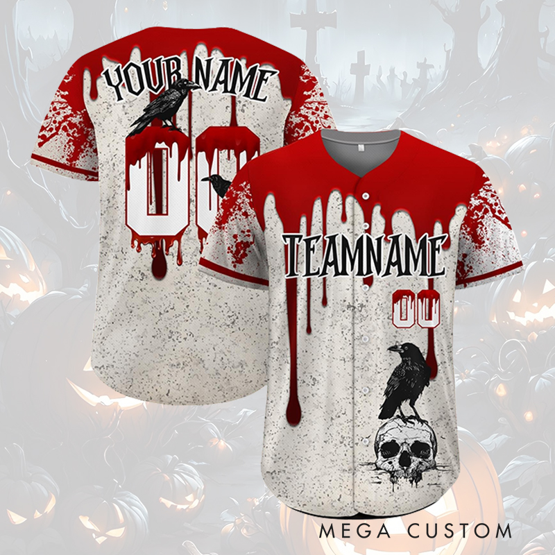 Personalized Halloween Baseball Jersey with Blood Drip and Crow Design and Custom Name