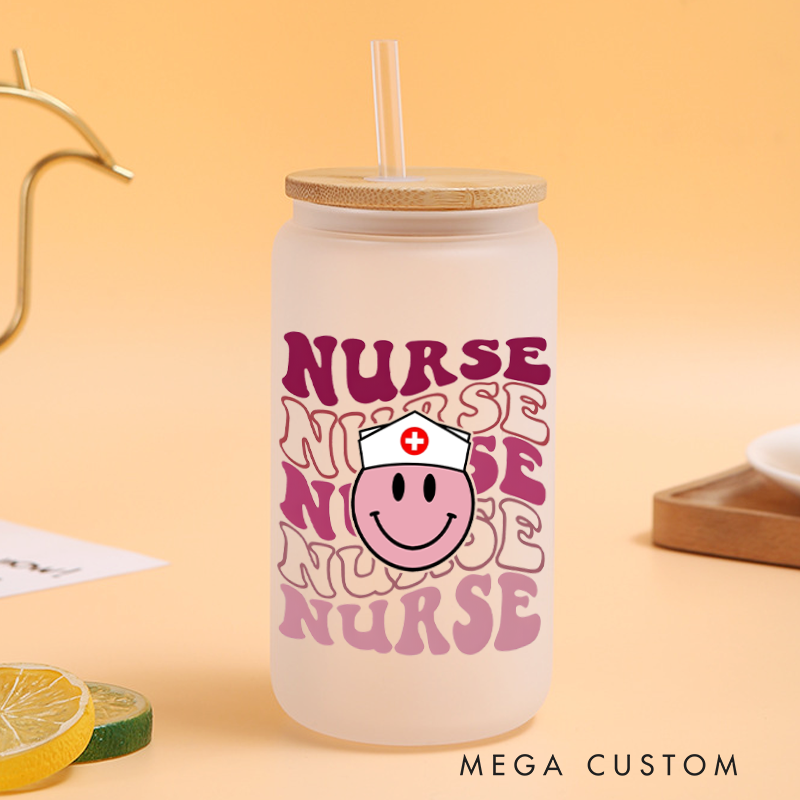 Personalized Frosted Glass Cup Custom Nurse Smiley Face Design Frosted Can Glass Nurse Appreciation Gift