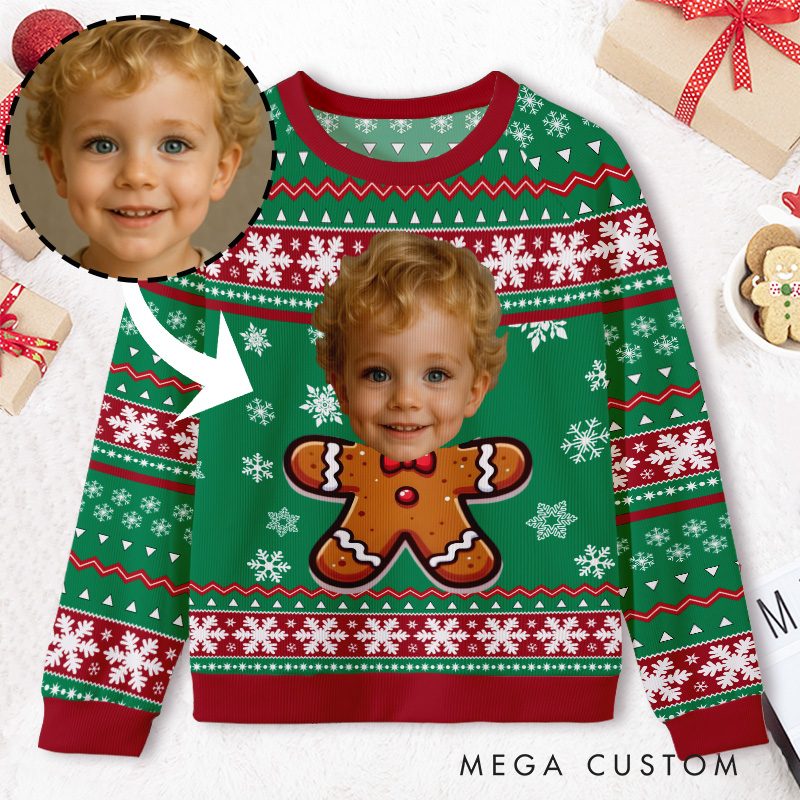 Personalized Gingerbread Photo Sweater Kids Ugly Christmas Sweater
