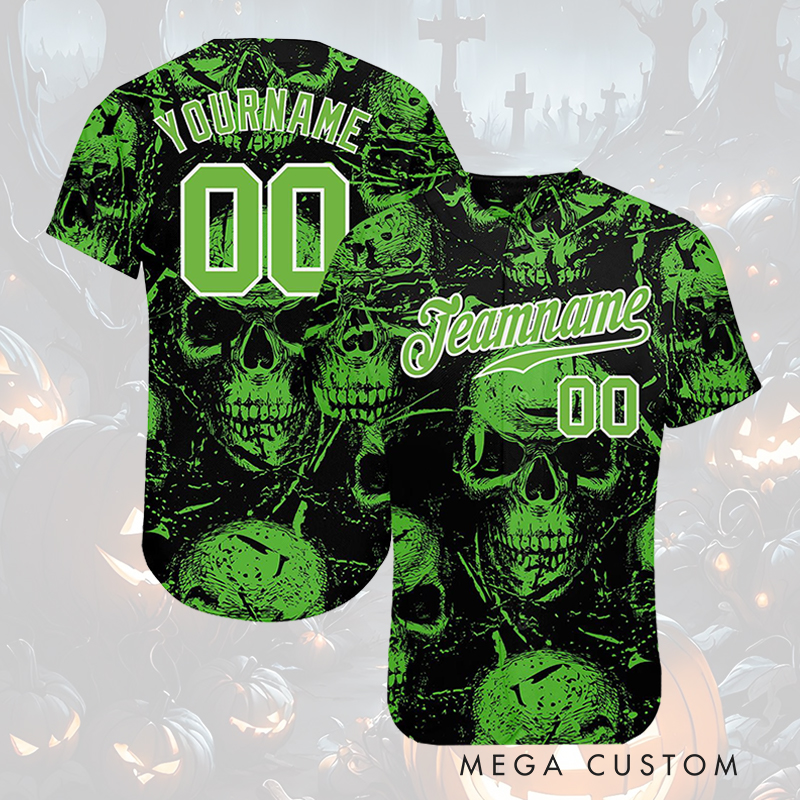 Personalized Halloween Spooky Baseball Jersey Featuring Skull Graphics and Custom Text  