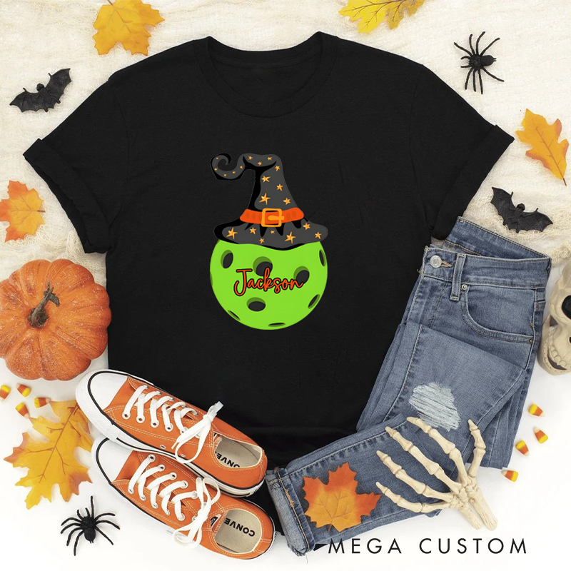 Personalized Halloween Pickleball T-Shirt with Witch Hat and Custom Name on Spooky Ball Design