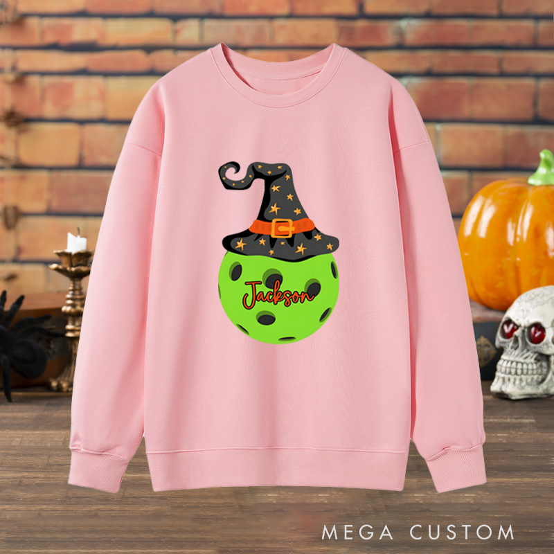 Personalized Halloween Pickleball Sweatshirt with Witch Hat and Custom Name Design