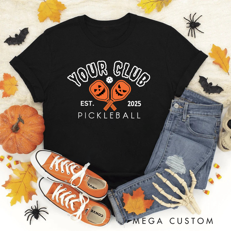 Personalized Halloween Pickleball Club T-Shirt with Custom Club Name and Year Design
