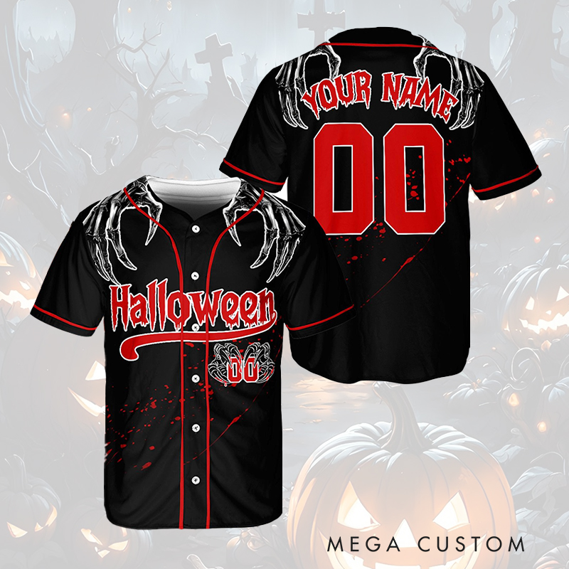 Personalized Skeleton Hand Halloween Baseball Jersey with Custom Name and Number