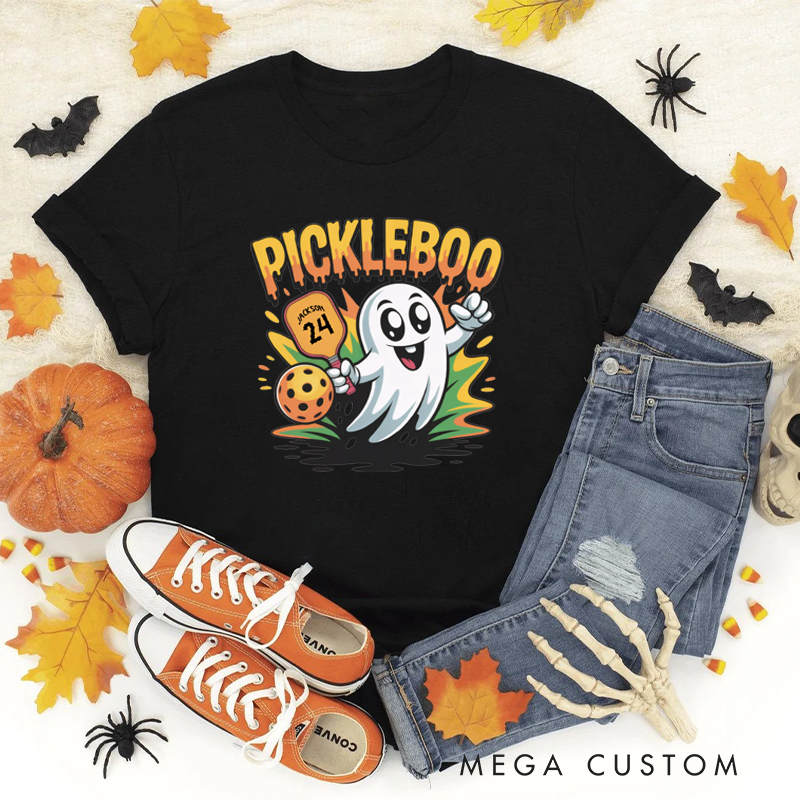 Personalized "Pickleboo" Halloween Pickleball T-Shirt with Customizable Name, Number, and Cute Ghost Design