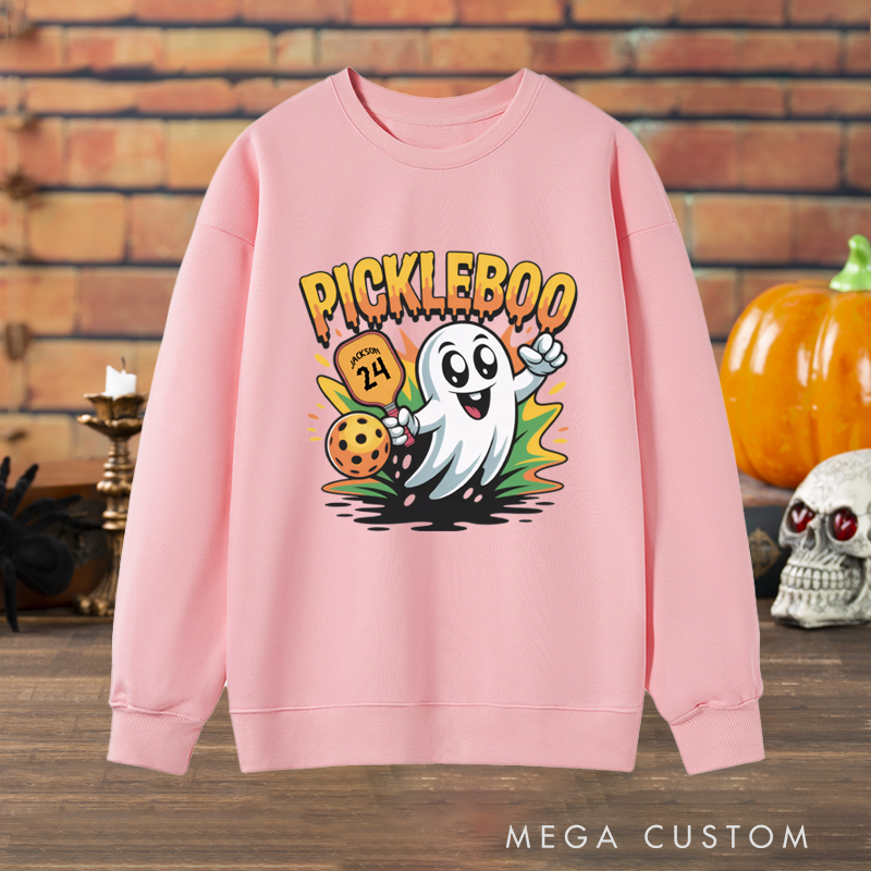 Personalized "Pickleboo" Halloween Pickleball Sweatshirt with Custom Name and Number Design